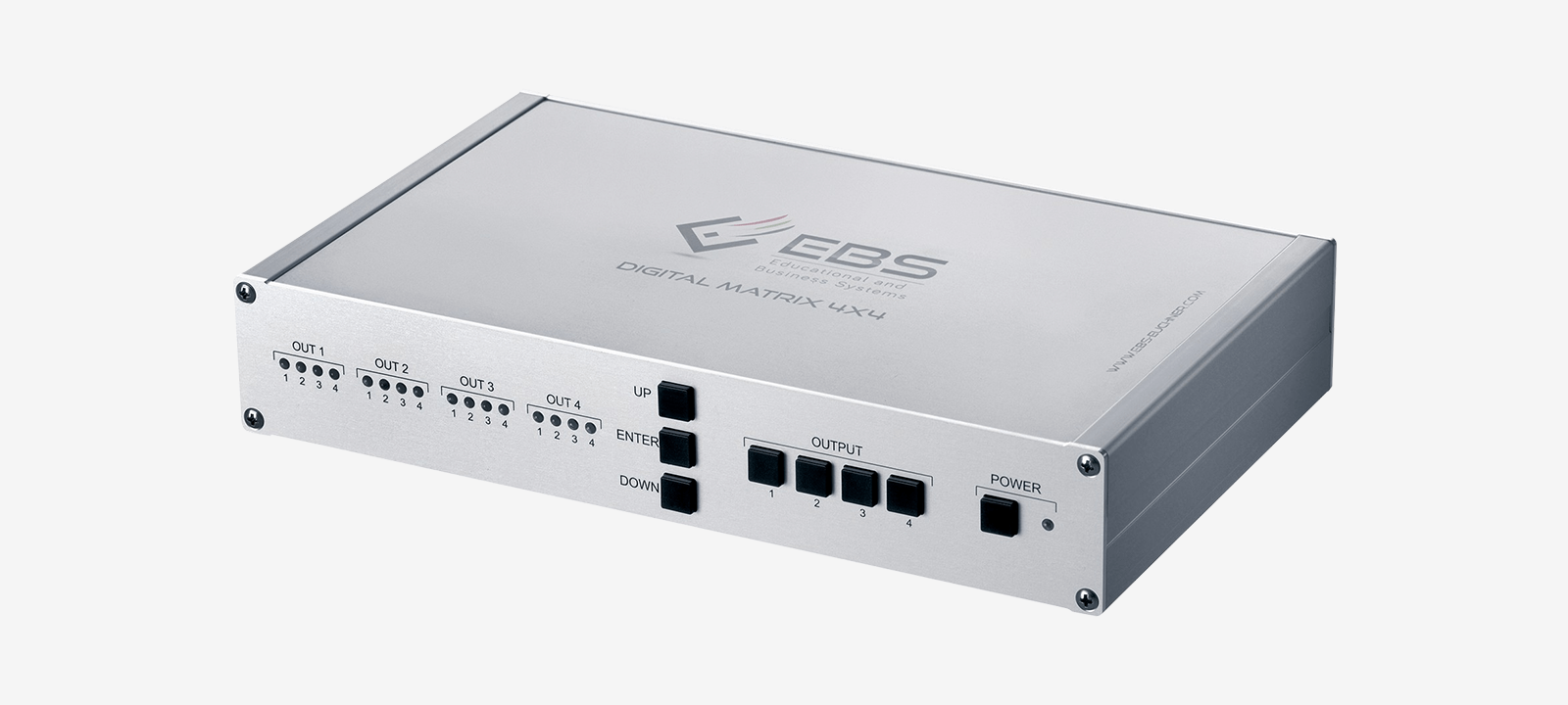 Digitale 4x4 Matrix von EBS Euchner für den Anschluss von bis zu vier Signalquellen an vier Zielgeräte. Darstellung auf hellem Hintergrund.