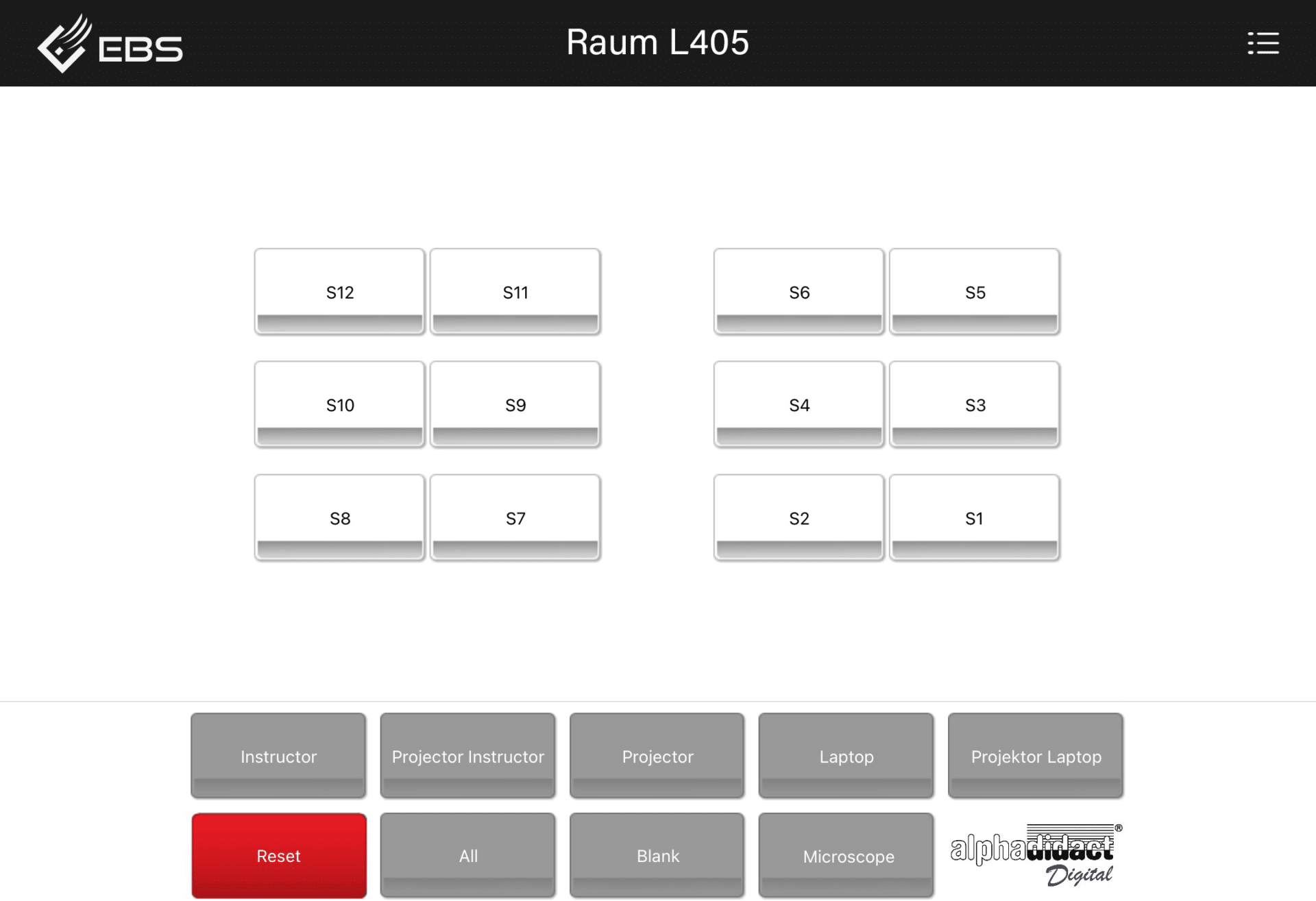 Screenshot der alphadidact® Digital iPad App mit der Steuerung des Schulungsraums L405. Darstellung der Sitzordnung und Steuerungsfunktionen.