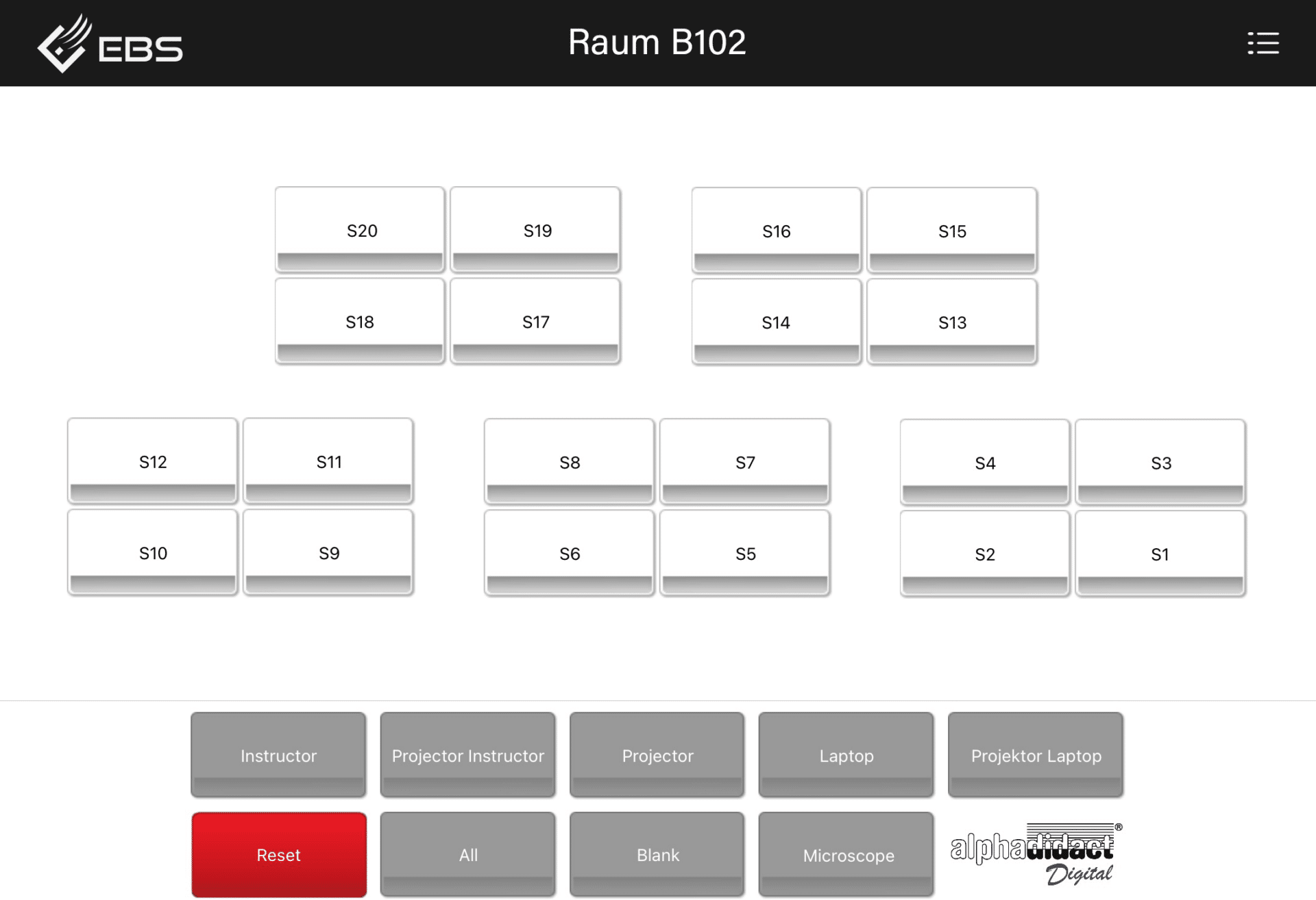 Screenshot der alphadidact® Digital iPad App mit der Steuerung des Schulungsraums B102. Zeigt die Sitzplatzanordnung und Steueroptionen für den Trainer.
