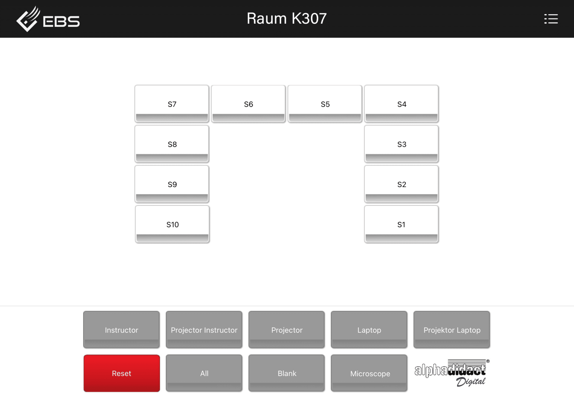 Screenshot der alphadidact® Digital iPad App mit der Steuerung des Schulungsraums K307. Anordnung der Sitzplätze und Steuerungsmöglichkeiten für den Trainer.