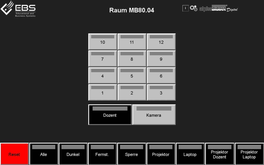 Touchscreen mit 12 Teilnehmer-Buttons, Dozent-PC, Kamera und Fernsteuerung der Teilnehmerrechner.