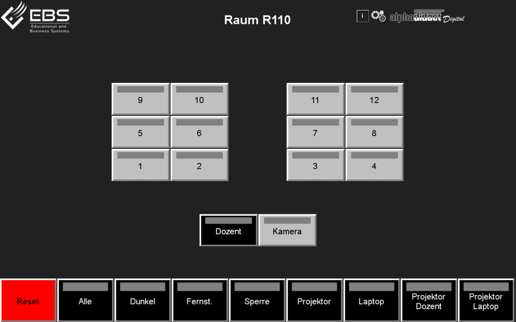 Touchscreen mit 12 Teilnehmer-Buttons, Dozent-PC, Kamera und Fernsteuerung der Teilnehmerrechner.