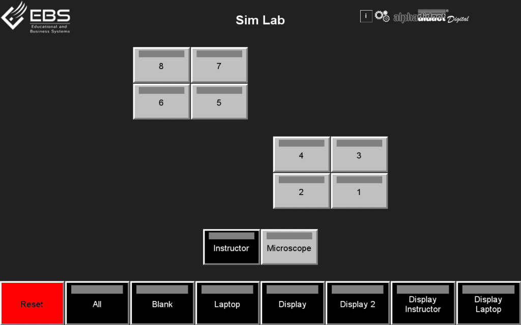Touchscreen mit 8 Teilnehmer-Buttons, Dozent-PC und Mikroskop.
